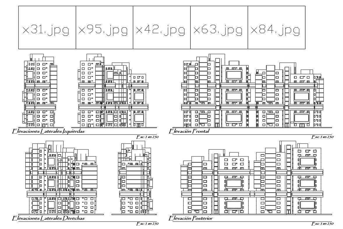 Multi-familiar residential building all sided elevation details dwg file