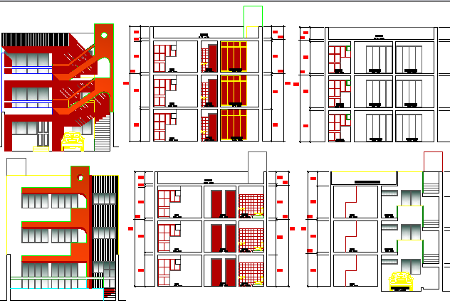 Multi-family apartment flats elevation and sectional view dwg file