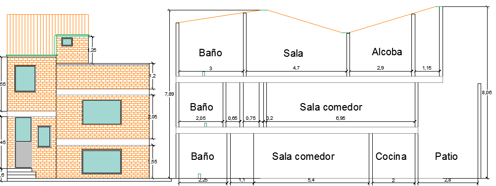 Multi-family house elevation and sectional view dwg file
