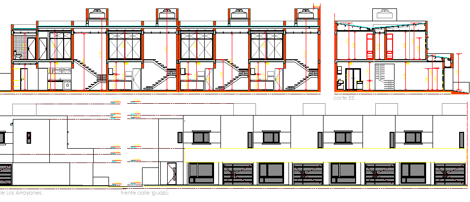 Multi-family house main elevation and section details dwg file