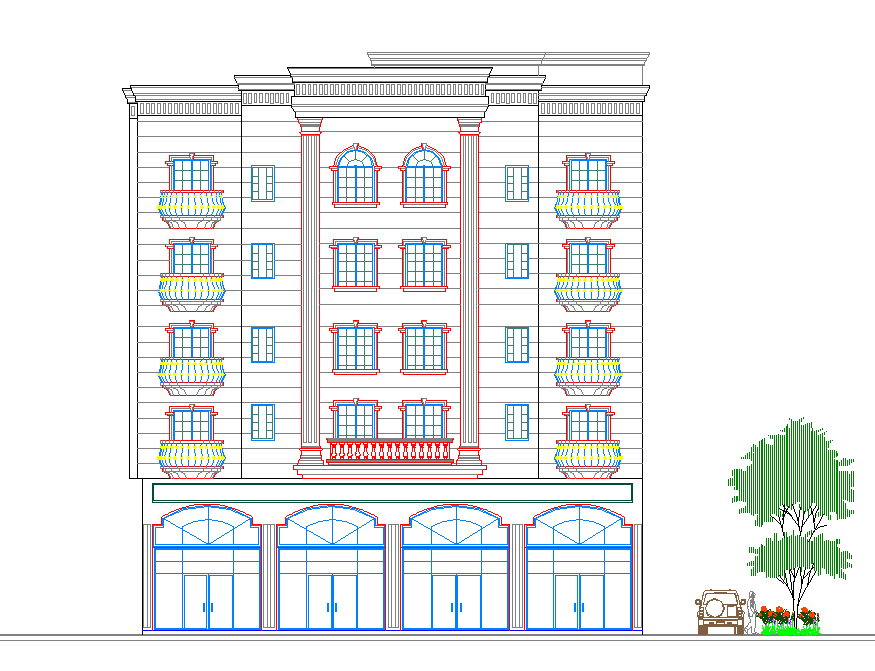 Multi-family housing apartment flats elevation dwg file