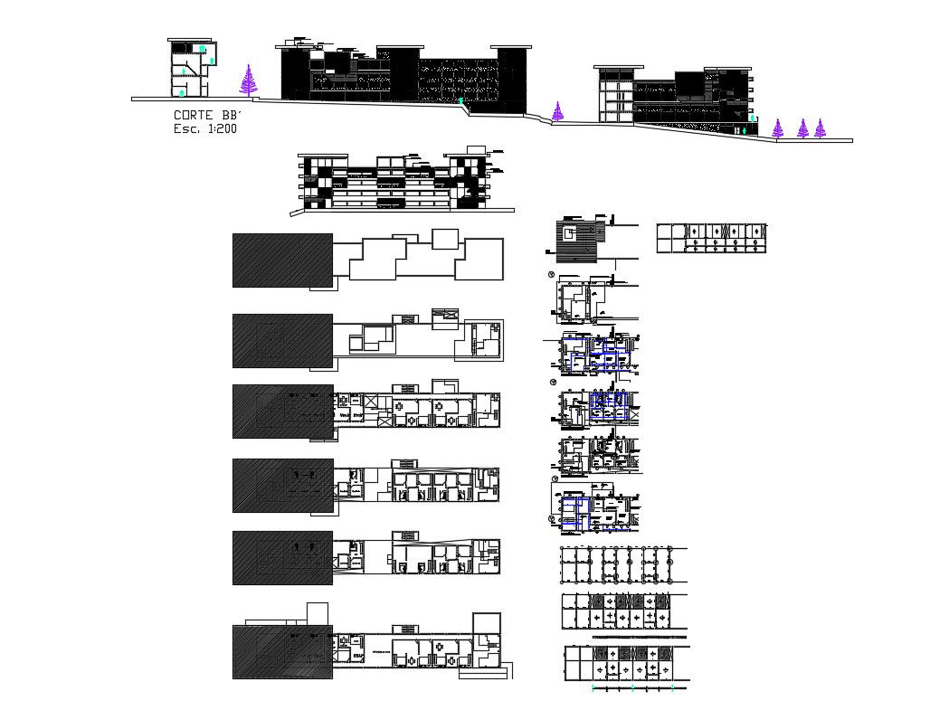 Multi-family housing building elevation, section, floor plan and auto-cad details dwg file