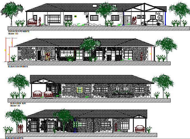 Multi-family housing detailed elevation and sectional view dwg file