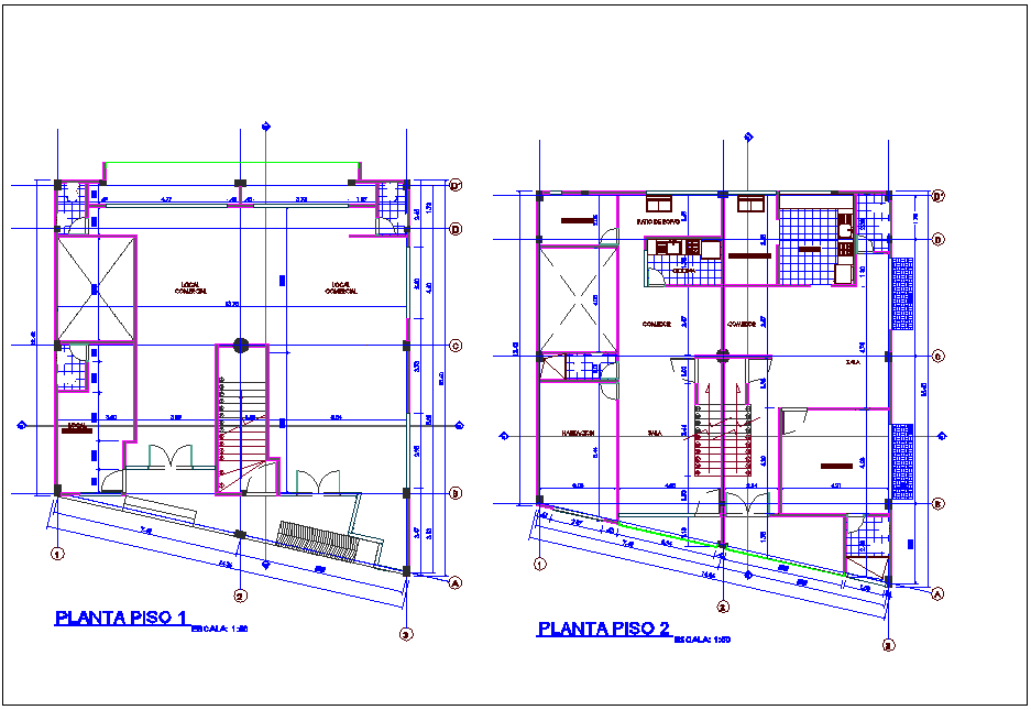 Multi family housing with office area first and second floor architectural plan dwg file