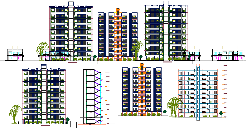 Multi-family residential apartment flats elevation and sectional view dwg file