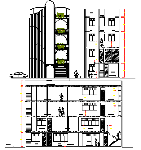 Multi-family residential building elevation and sectional details dwg file
