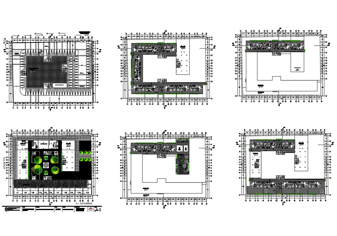 Multi-family station 6 floors levels and detailed cuts floor plan details dwg file