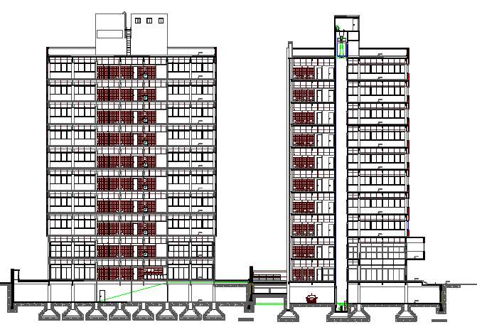 Multi-flooring administration front and side elevation details dwg file