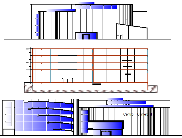 Multi-flooring all sided elevation view of shopping mall dwg file