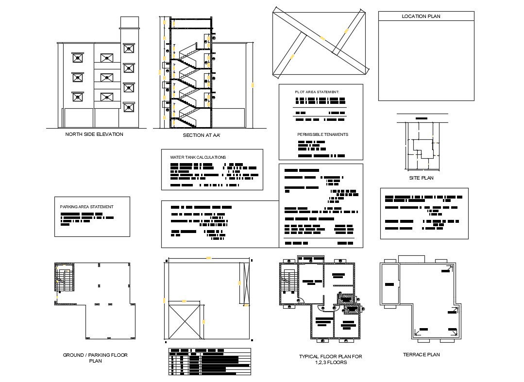 Multi-flooring apartment building detailed architecture project dwg file