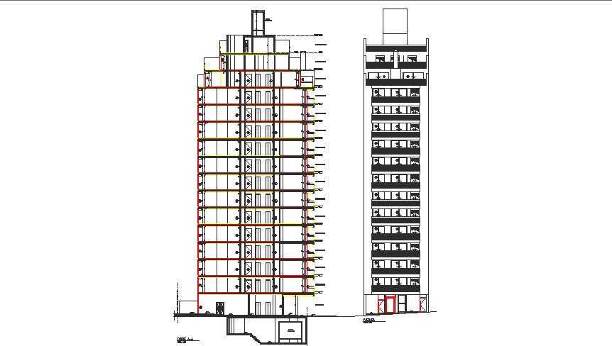 Multi-flooring apartment building facade and cut sectional details dwg file