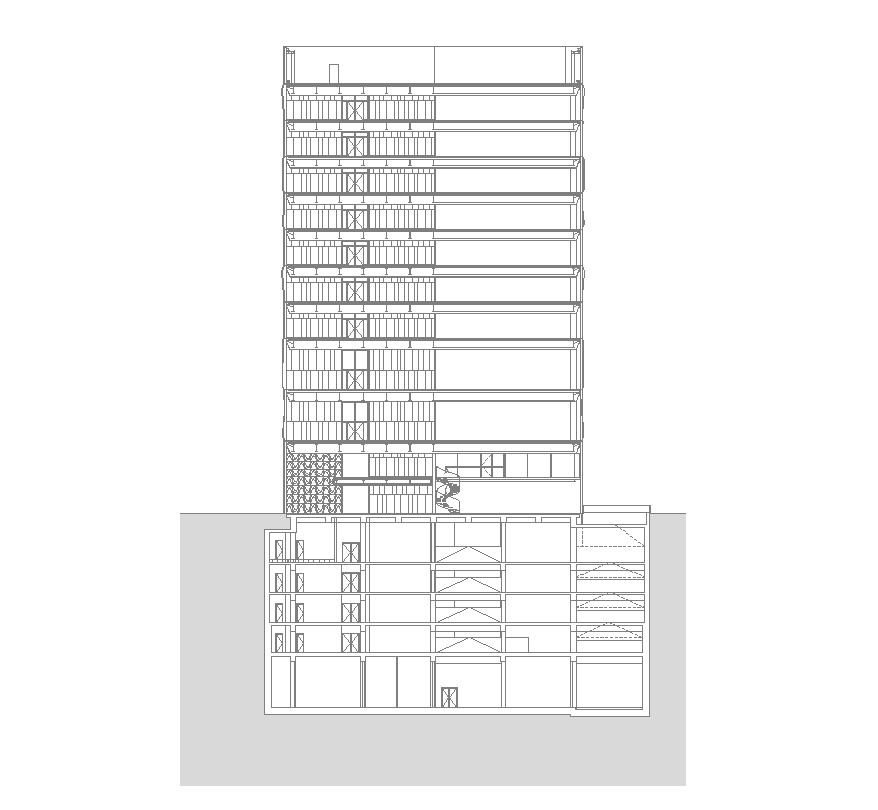 Multi-flooring building structure detail elevation 2d view layout autocad file