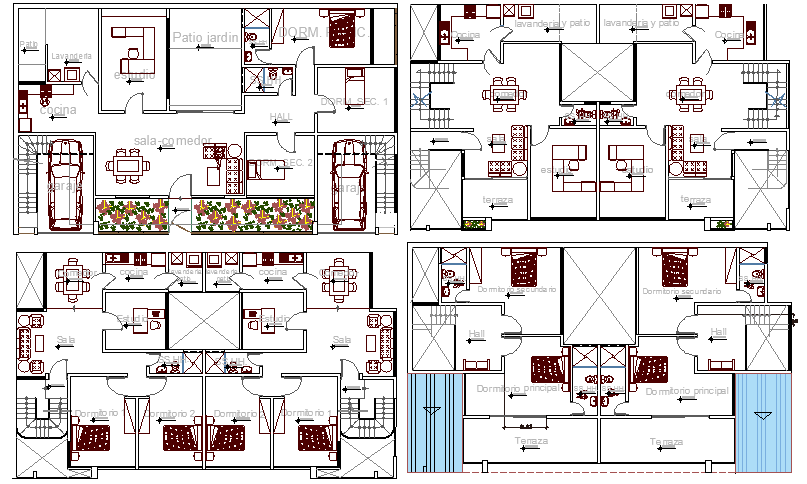 Multi-flooring bungalow all floors layout plan details dwg file