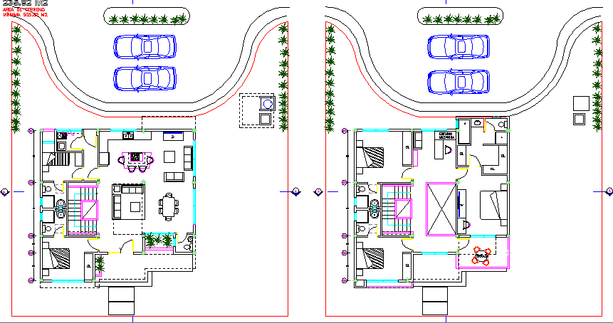 Multi-flooring bungalow architecture layout with car parking lot dwg file
