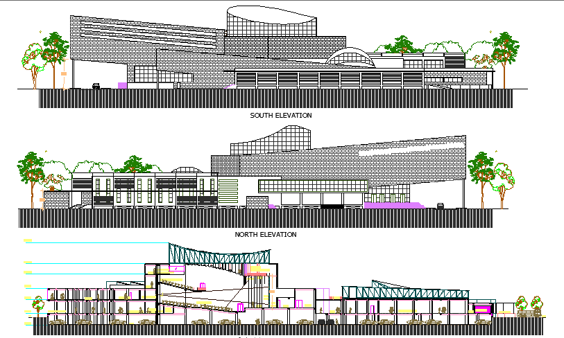 Multi-flooring city convention center elevation and section details dwg file