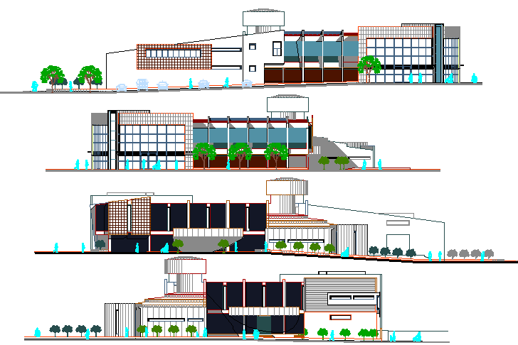 Multi-flooring city market all sided elevation details dwg file