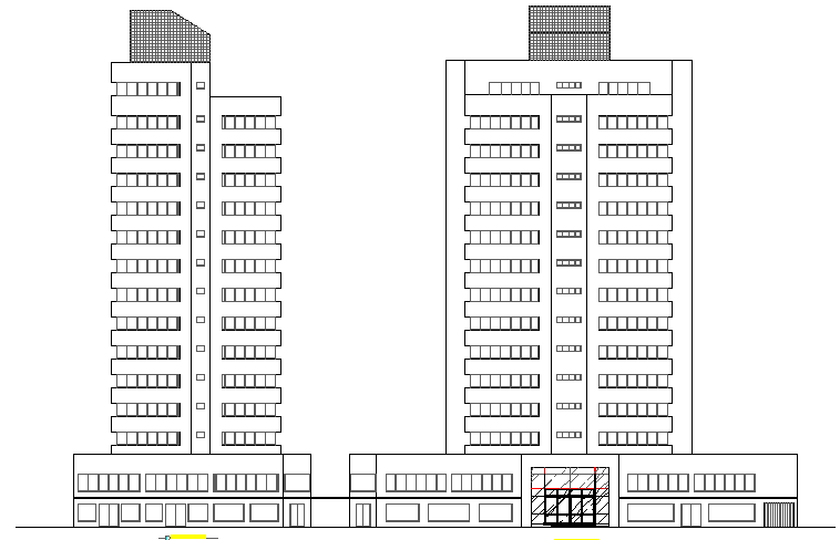 Multi-flooring commercial building front and side elevation details dwg file