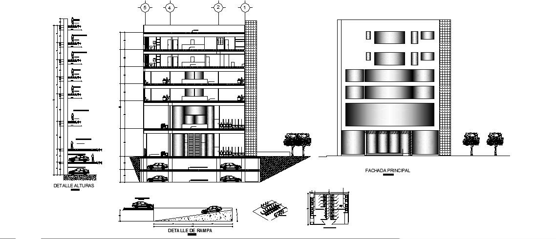 Multi-flooring corporate building elevation, section and ramp details dwg file
