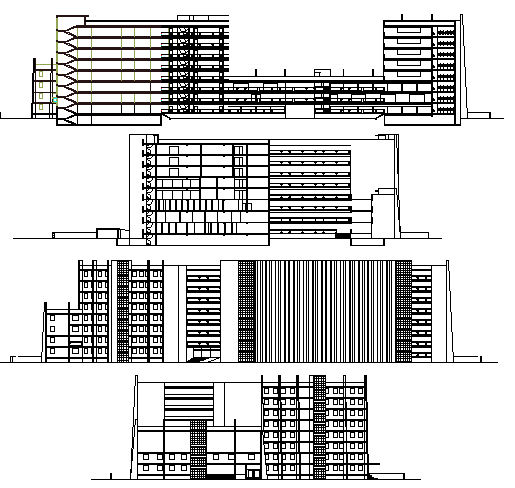 Multi-flooring corporate building elevation and sectional details dwg file