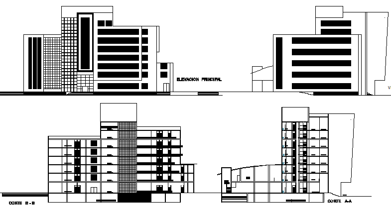 Multi-flooring corporate building elevation and sectional view dwg file