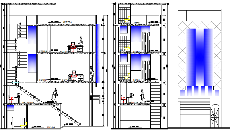 Multi-flooring corporate building elevation and sectional view dwg file
