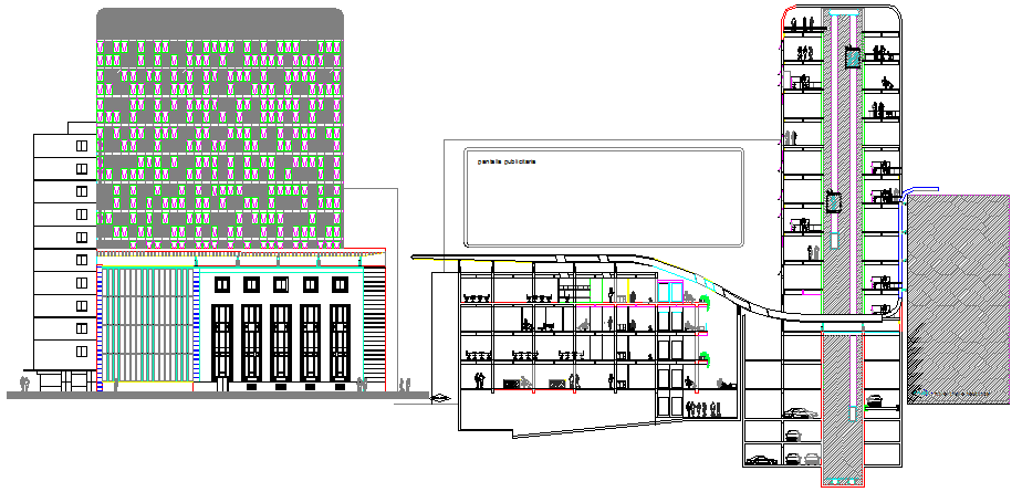 Multi-flooring corporate building elevation and sectional view dwg file