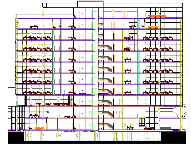 Multi-flooring corporate building sectional view dwg file