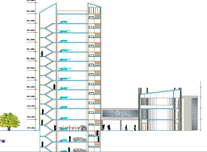 Multi-flooring finance center building sectional view dwg file