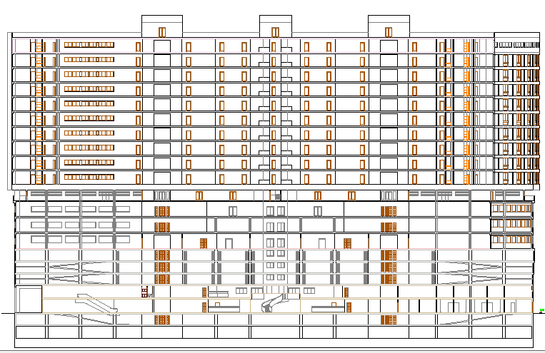 Multi-flooring five star hotel main elevation details dwg file