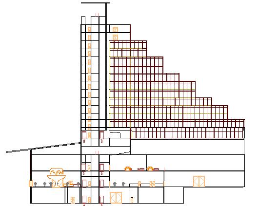 Multi-flooring hotel side sectional view details dwg file