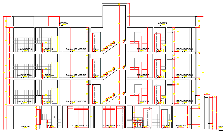 Multi-flooring housing apartment full section details dwg file