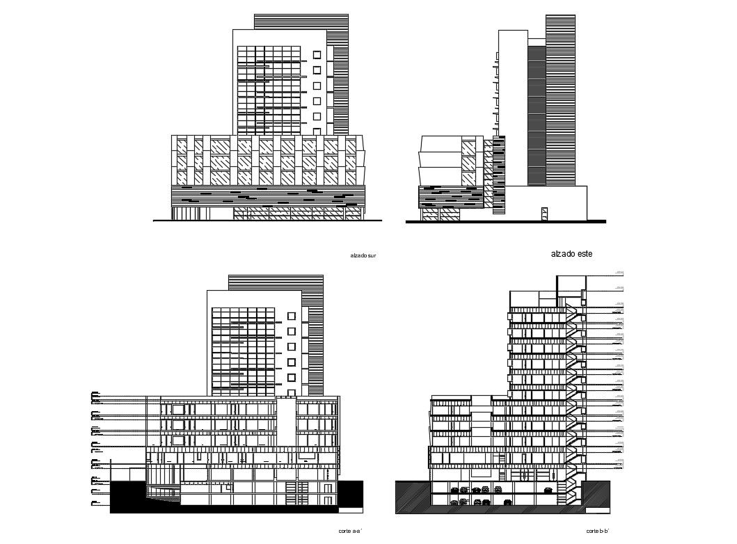Multi-flooring maternity hospital facade and back elevation and section details dwg file
