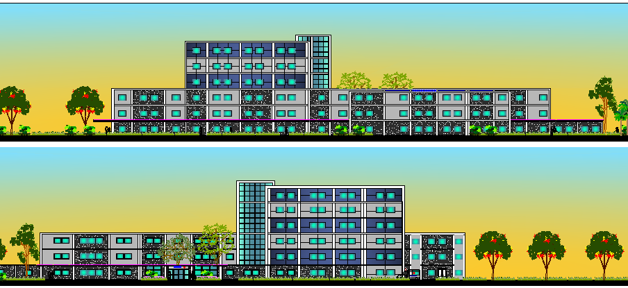 Multi-flooring multi-specialty hospital front and back elevations dwg file