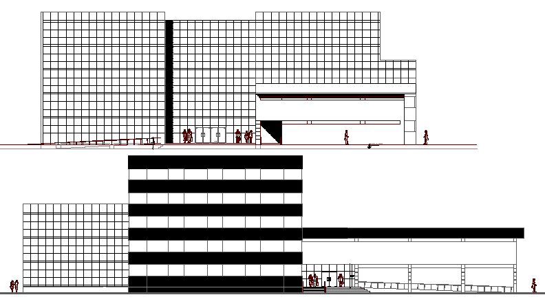 Multi-flooring office building front and back elevation details dwg file