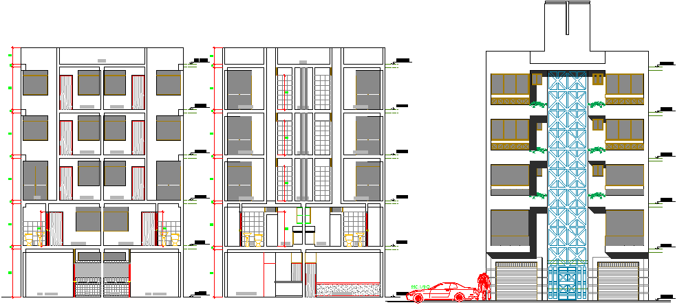 Multi-flooring residential building elevation and section details dwg file