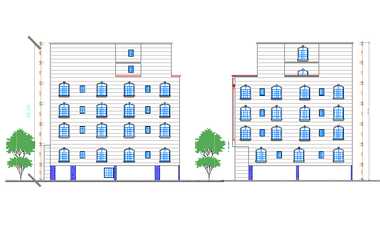 Multi-flooring residential building elevation dwg file