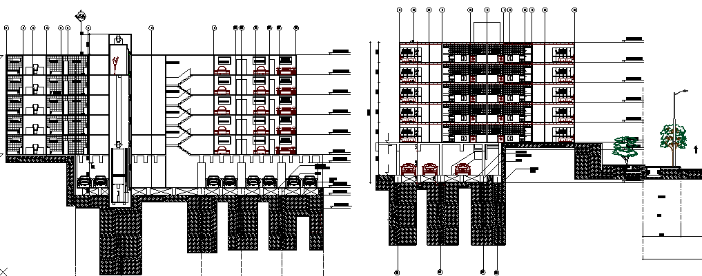 Multi-flooring residential building sectional view dwg file