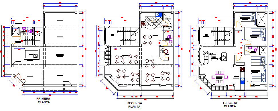 Multi-flooring residential bungalow floor plan details dwg file
