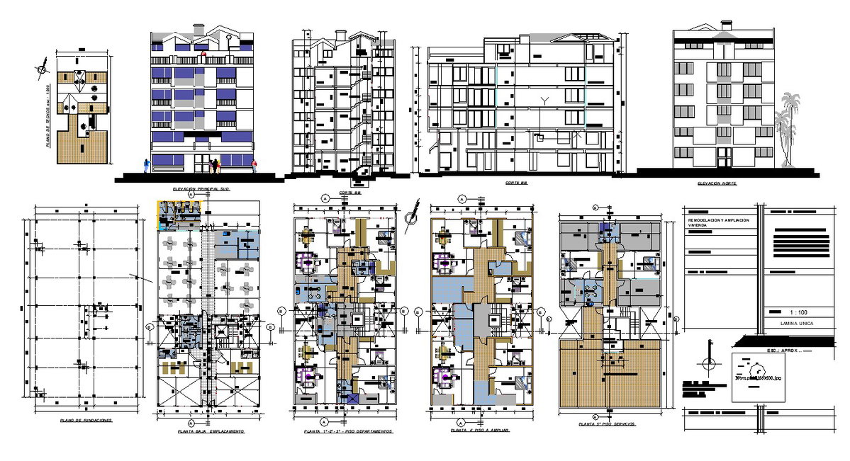 Multi-flooring residential flat building 2d view layout plan, elevation ...