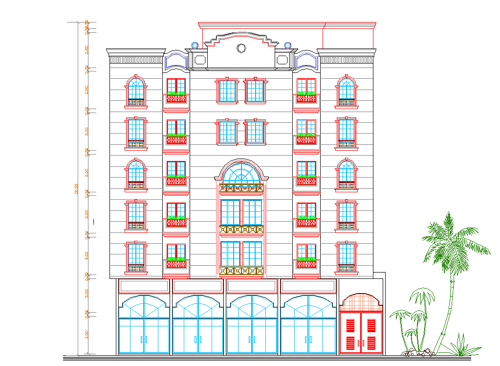 Multi-flooring residential housing apartment front elevation details dwg file