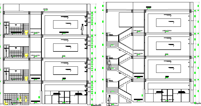 Multi-flooring school design and section plan dwg file