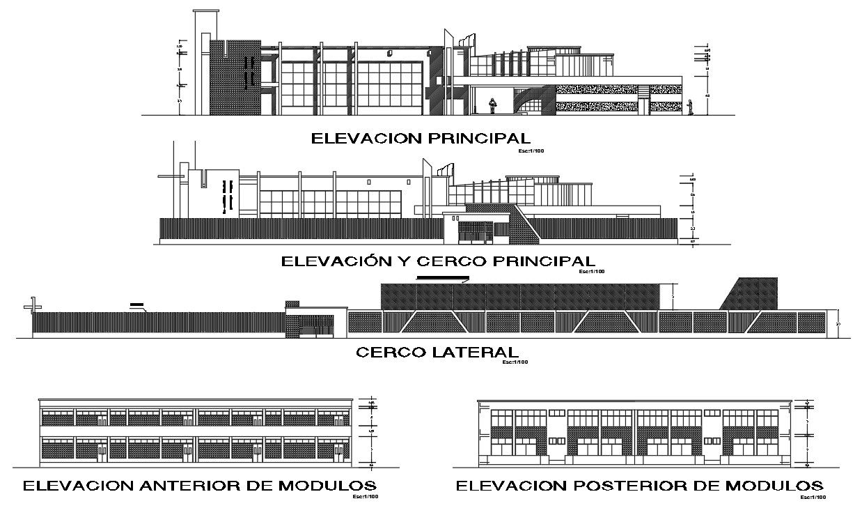 Multi-flooring school elevation and sectional details dwg file