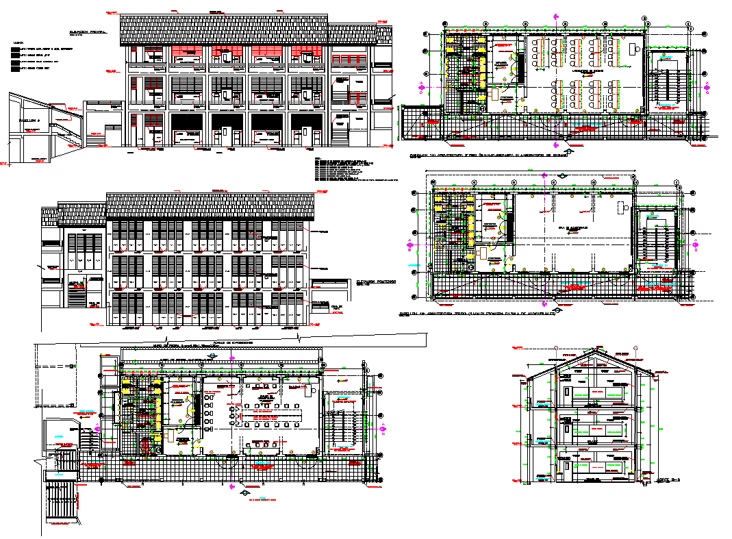 Multi-flooring school full elevation, section and layout plan details dwg file