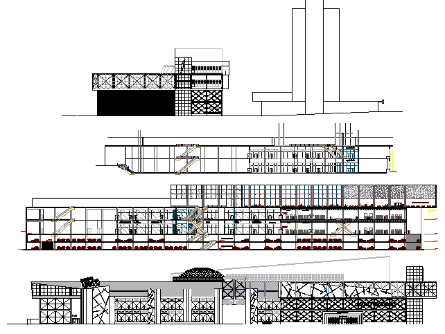 Multi-flooring shopping center elevation and section details dwg file