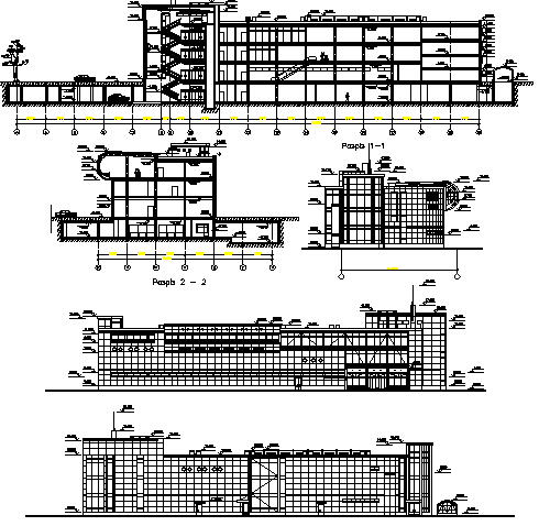 Multi-flooring shopping mall all sided elevation and sectional view dwg file