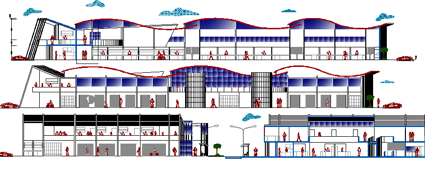 Multi-flooring shopping mall elevation and sectional details dwg file