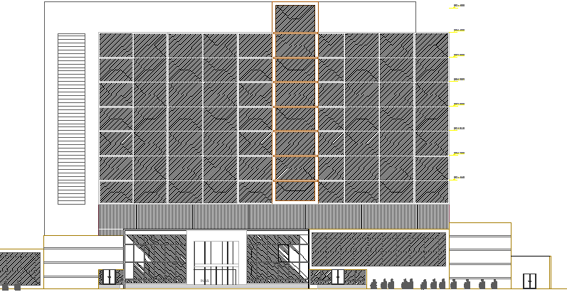 Multi-flooring three star hotel main elevation details dwg file
