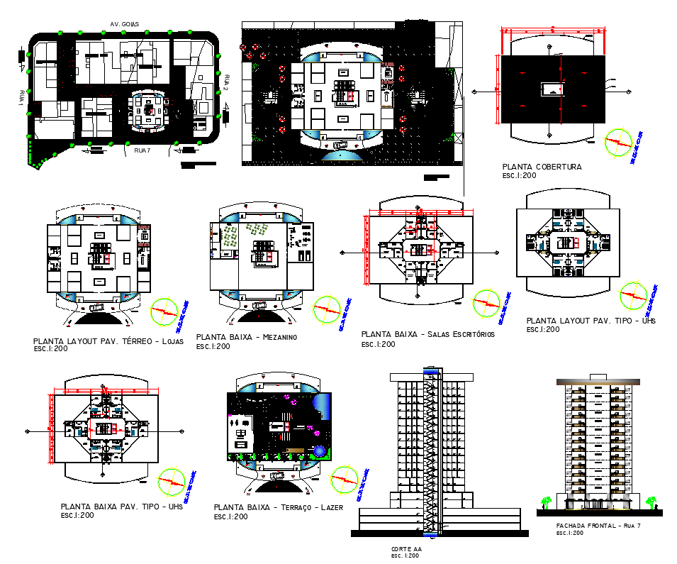 Multi-functional building detail elevation 2d view layout plan