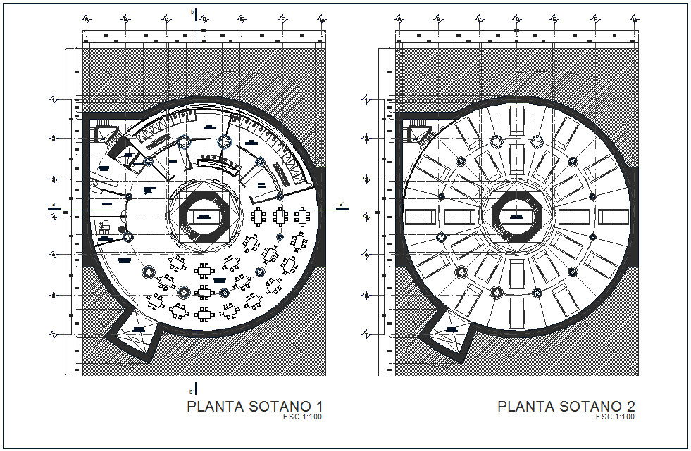 Multi functional building first and second floor plan dwg file