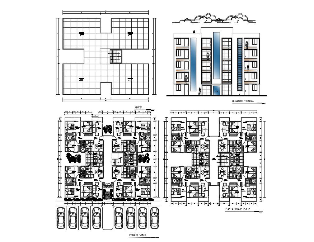 Multi-housing four levels elevation, section and floor plan details dwg file